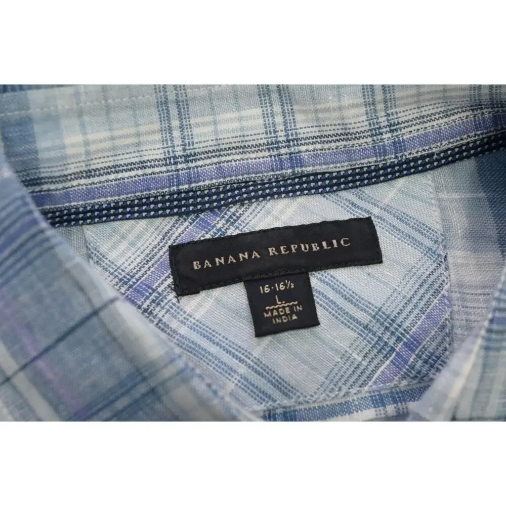 Banana Republic 100% Linen Button Up Shirt Plaid Long Sleeve Mens Sz‎ Large